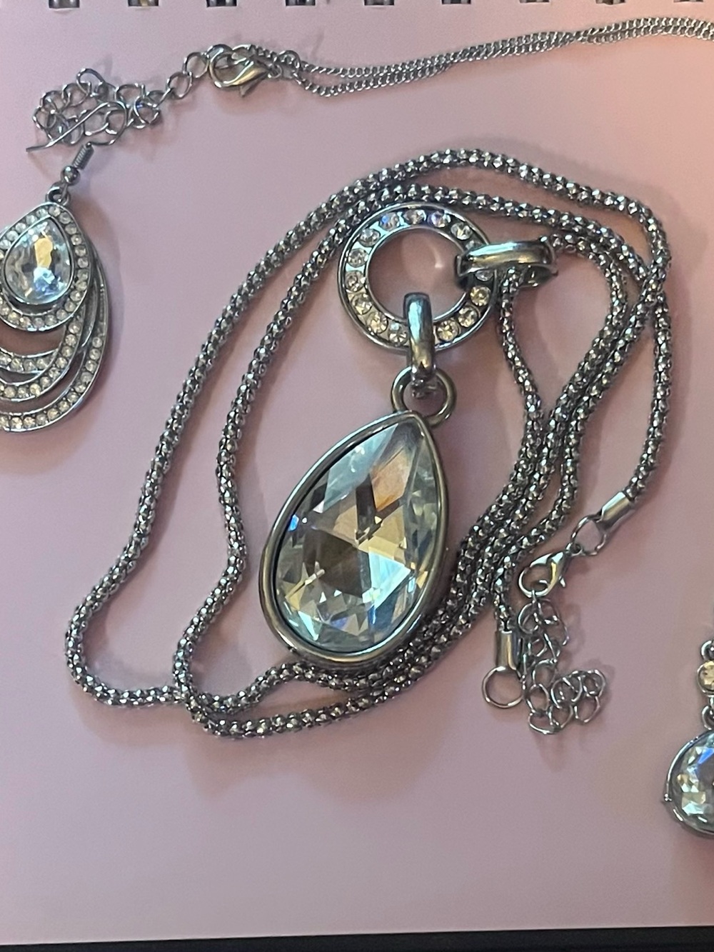 Silver Teardrop Crystal Pendant Necklaces and earrings